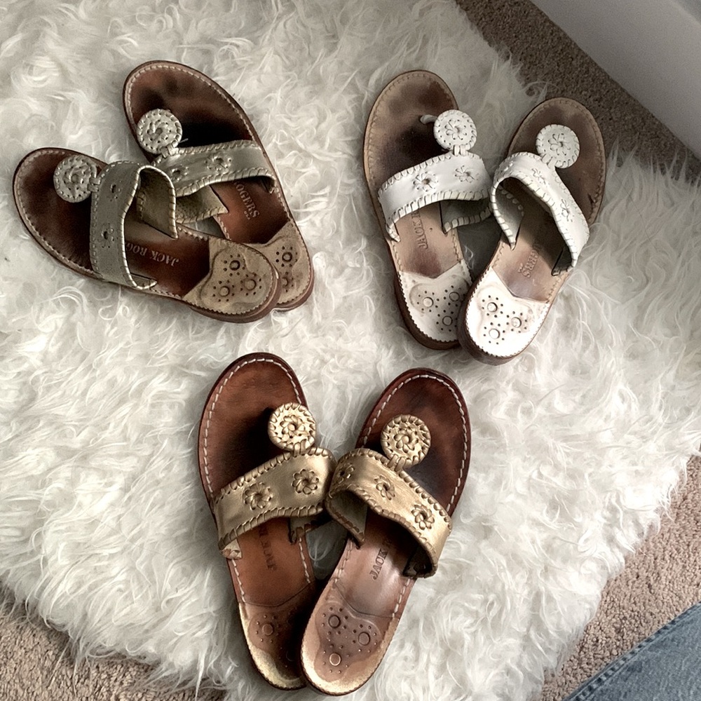 BUNDLE 3 pairs of Jack Rogers leather preppy gold platinum white sandals size 7